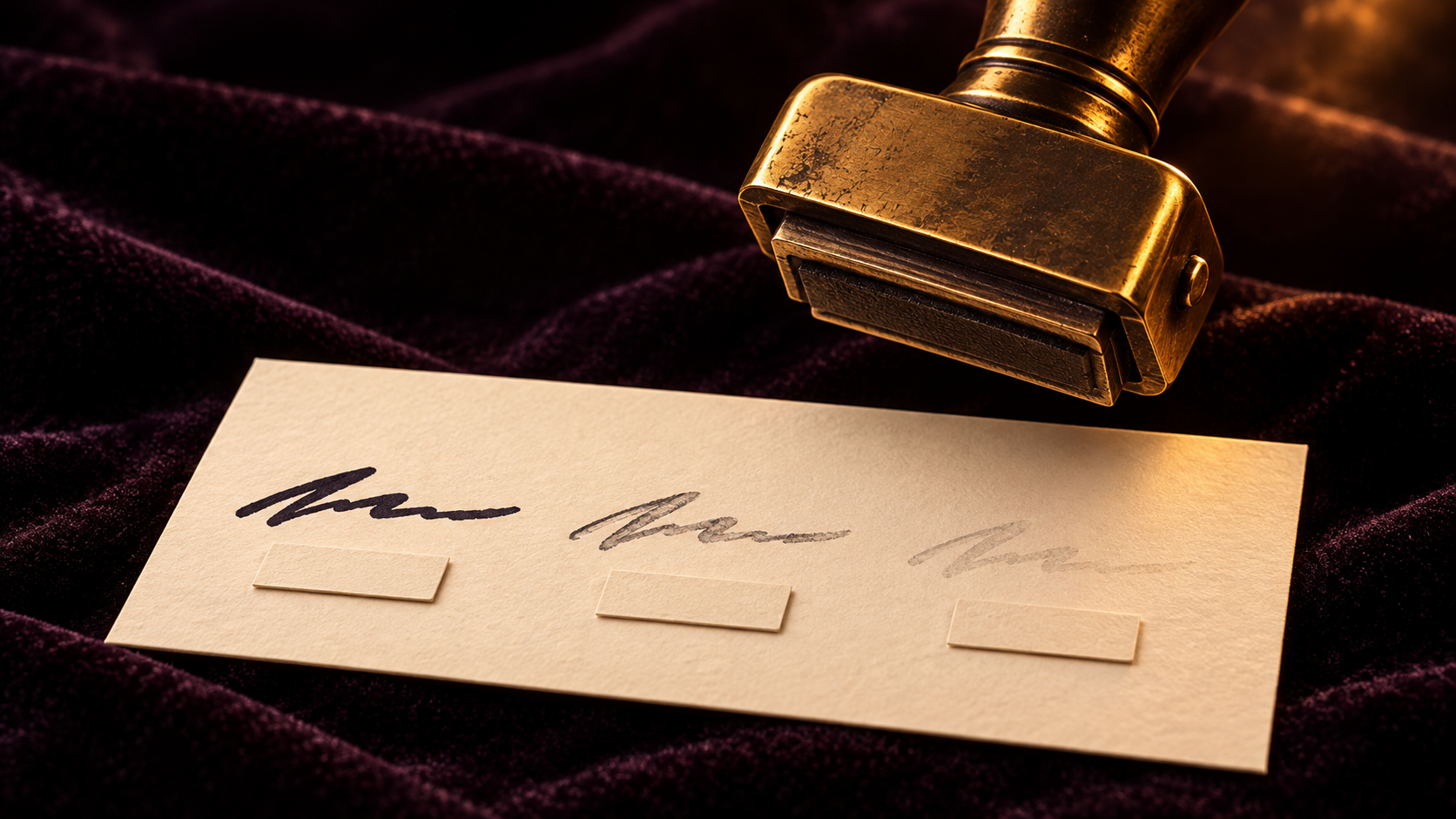 A brass date stamp above individual claim cards, illustrating claim-level verification.