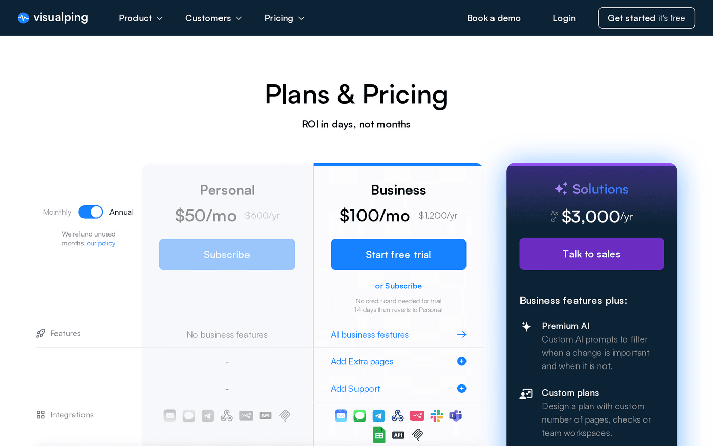 Die Preisseite von Visualping: ein Personal-Tarif zu 50 $/Monat, ein Business-Tarif zu 100 $/Monat mit kostenloser Testphase und eine Solutions-Stufe zu 3.000 $/Jahr. Öffentliche Preise und eine kostenlose Stufe, anders als bei den Unternehmenssuiten.