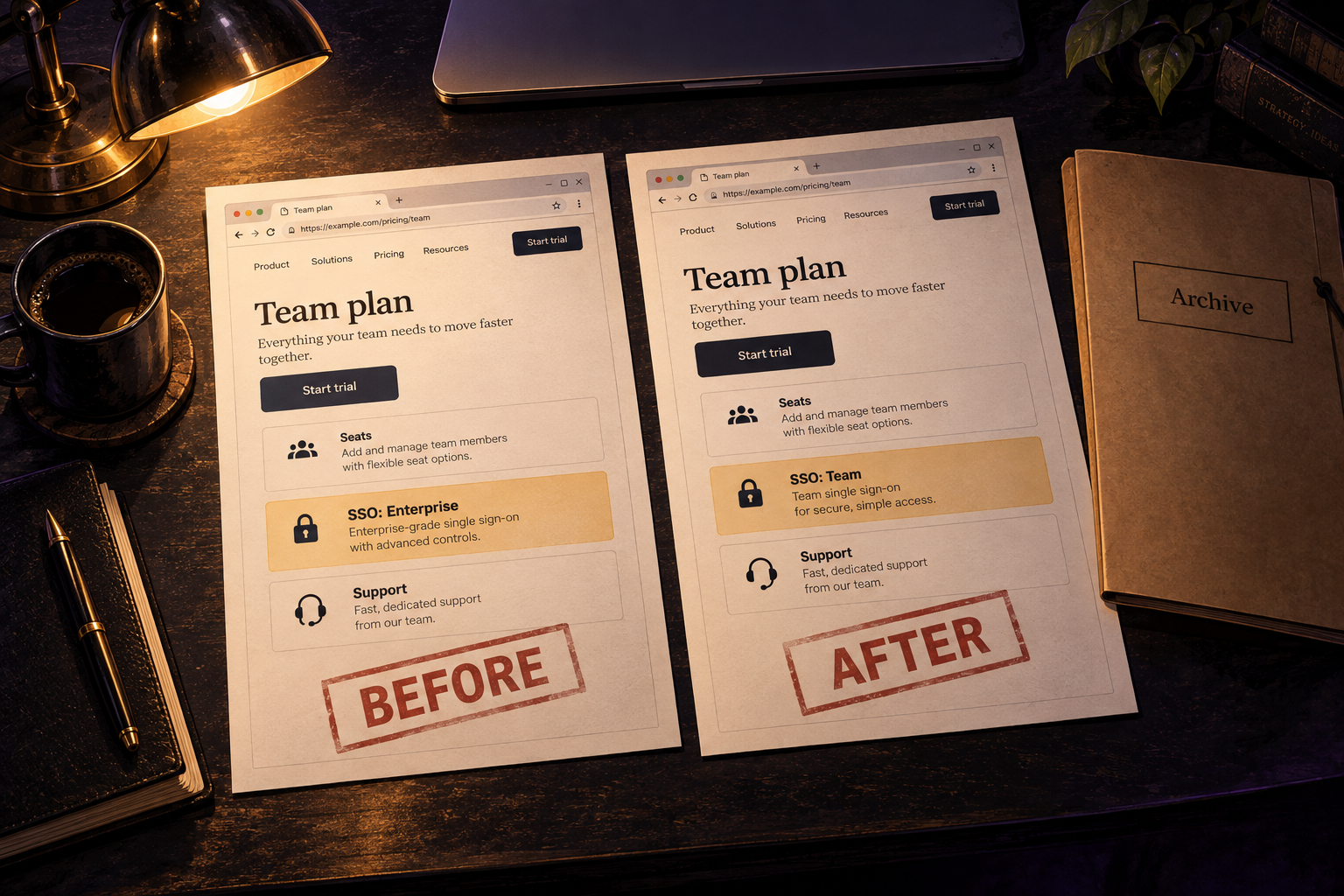 Deux versions enregistrées d’une page tarifaire fictive montrent le SSO passant d’Enterprise à Team.