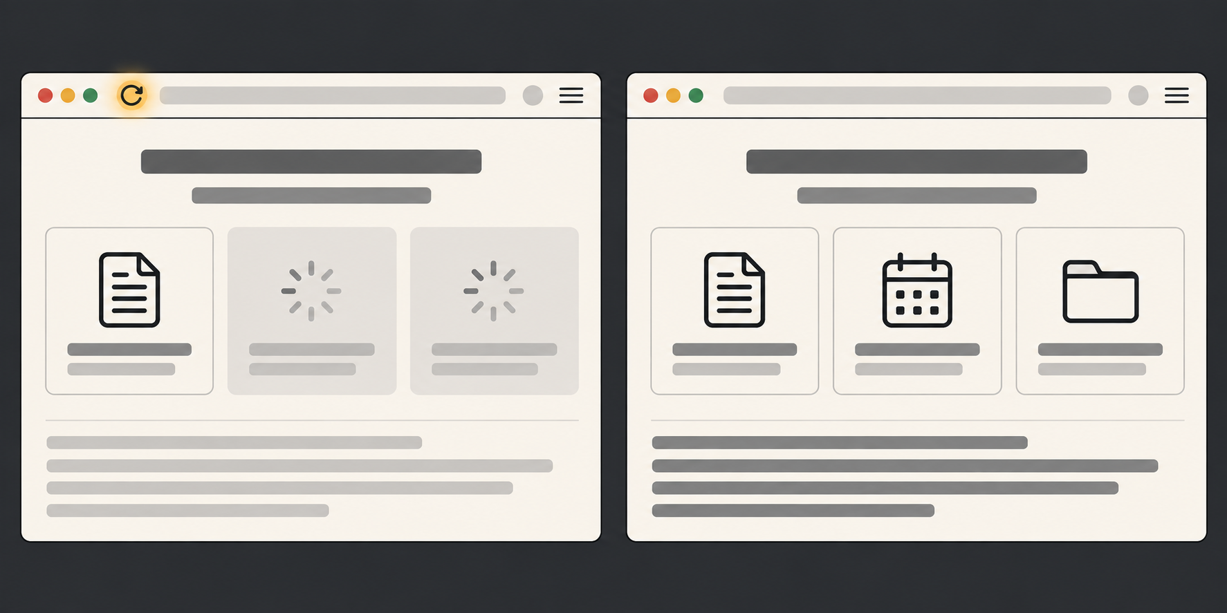 Illustration d’une même page web partiellement chargée à gauche et entièrement chargée à droite : du contenu manquant peut déclencher une fausse alerte de changement.
