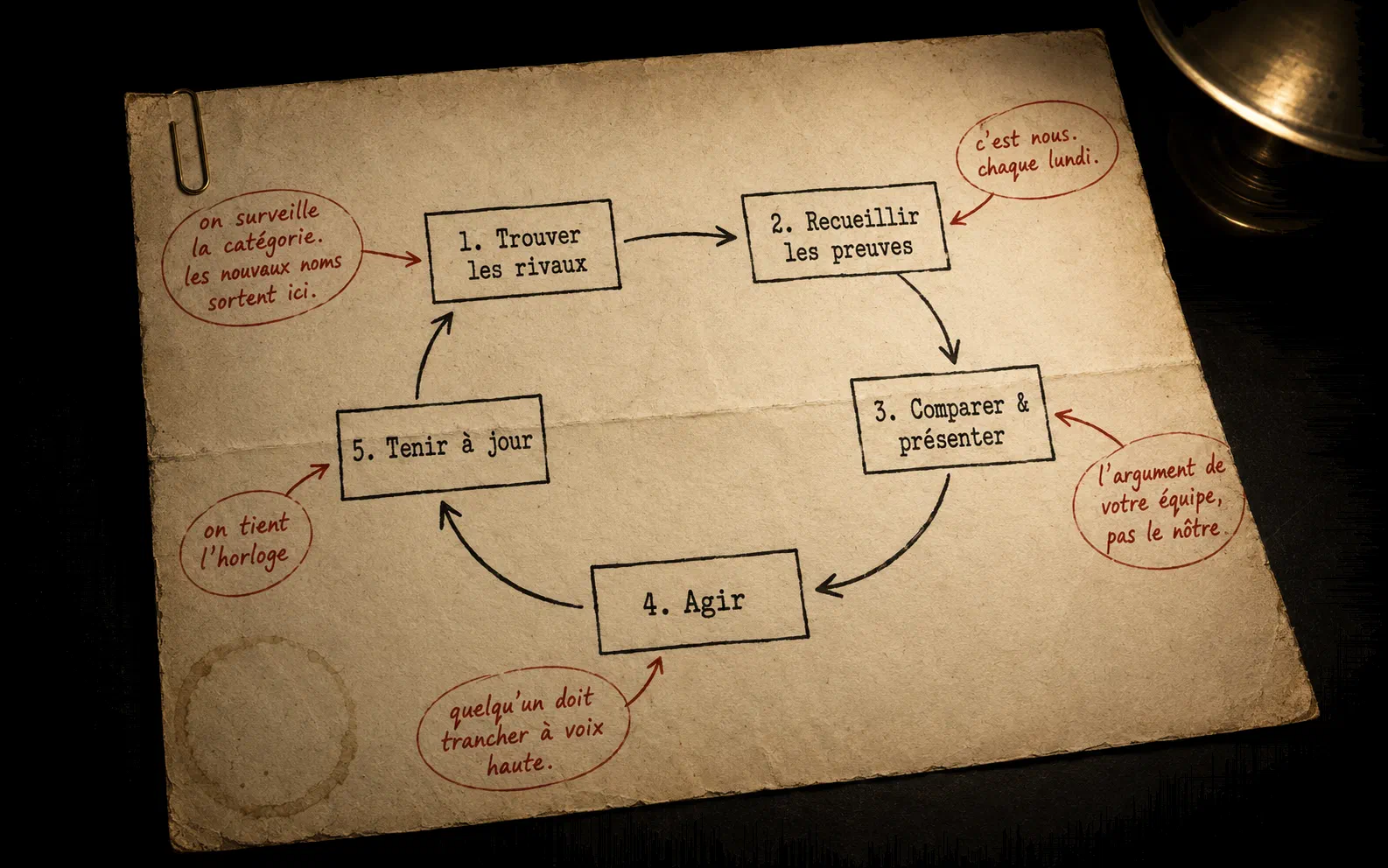 La boucle d’analyse concurrentielle en cinq étapes, tracée sur un dossier : 1. Trouver les rivaux, 2. Recueillir les preuves, 3. Comparer et présenter, 4. Agir, 5. Tenir à jour, puis retour à l’étape une. Des notes au stylo rouge indiquent qui fait quoi : Competitor Tracker & Co. surveille la catégorie, recueille les preuves chaque lundi et tient l’horloge ; comparer, présenter et décider restent à votre équipe.