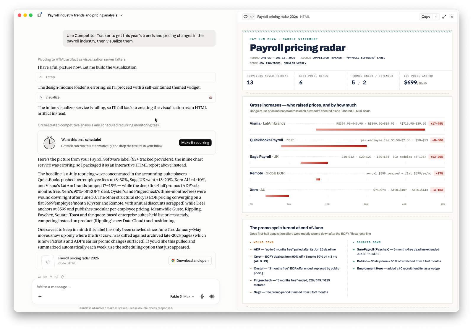 Claude using the Competitor Tracker MCP server to build a payroll-industry pricing radar report from tracked competitor data