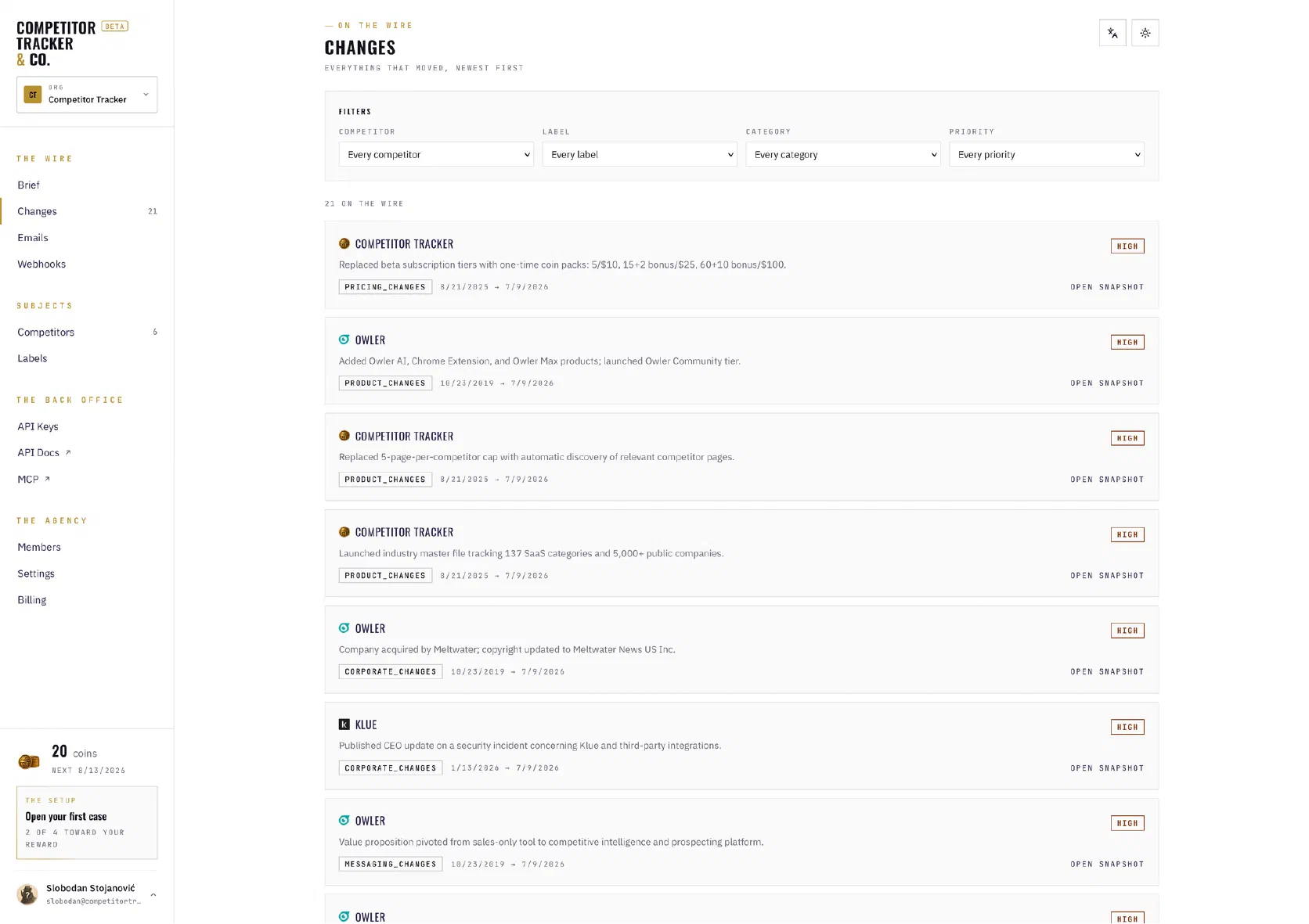 Der Verlauf der Änderungen mit Filtern für Konkurrent, Label, Kategorie und Priorität, und klassifizierten Änderungen für Owler, Klue und Competitor Tracker mit Prioritätsabzeichen.