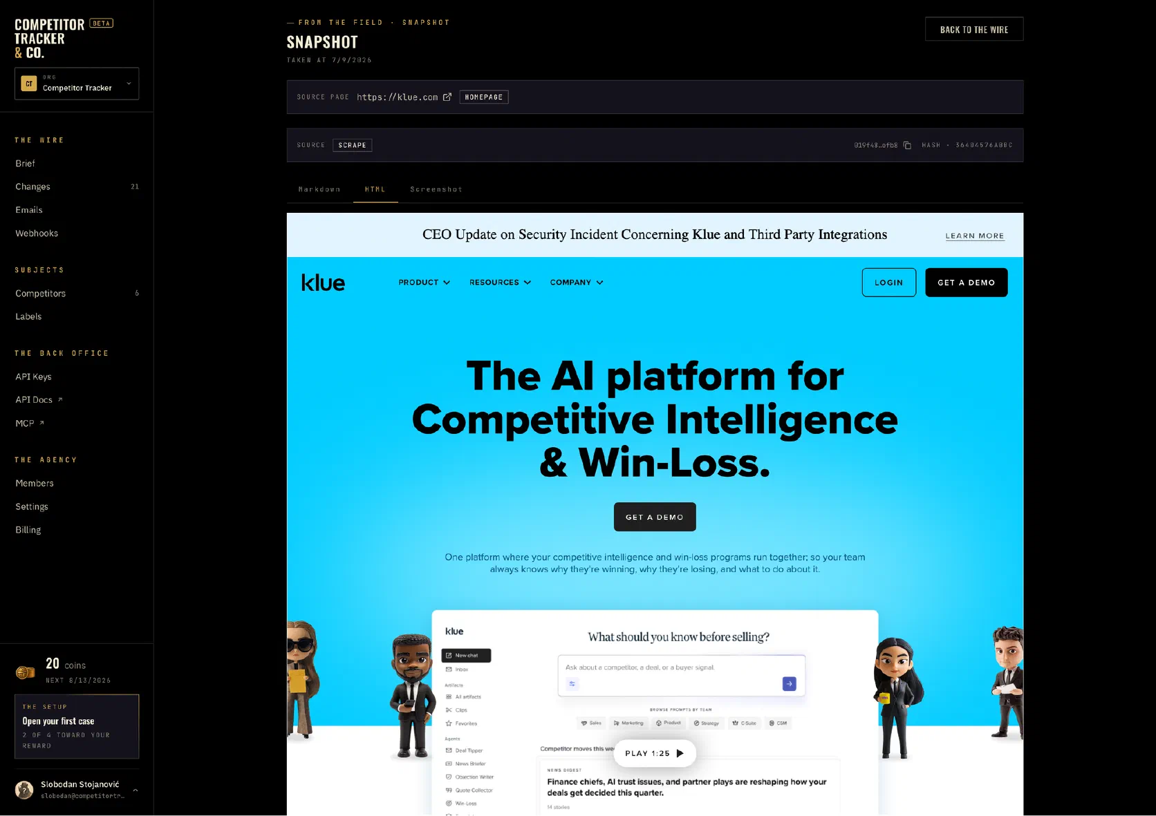 Ein gespeicherter Snapshot von klue.com in Competitor Tracker, mit den Reitern Markdown, HTML und Screenshot, seiner Quellseite und einem Inhalts-Hash.
