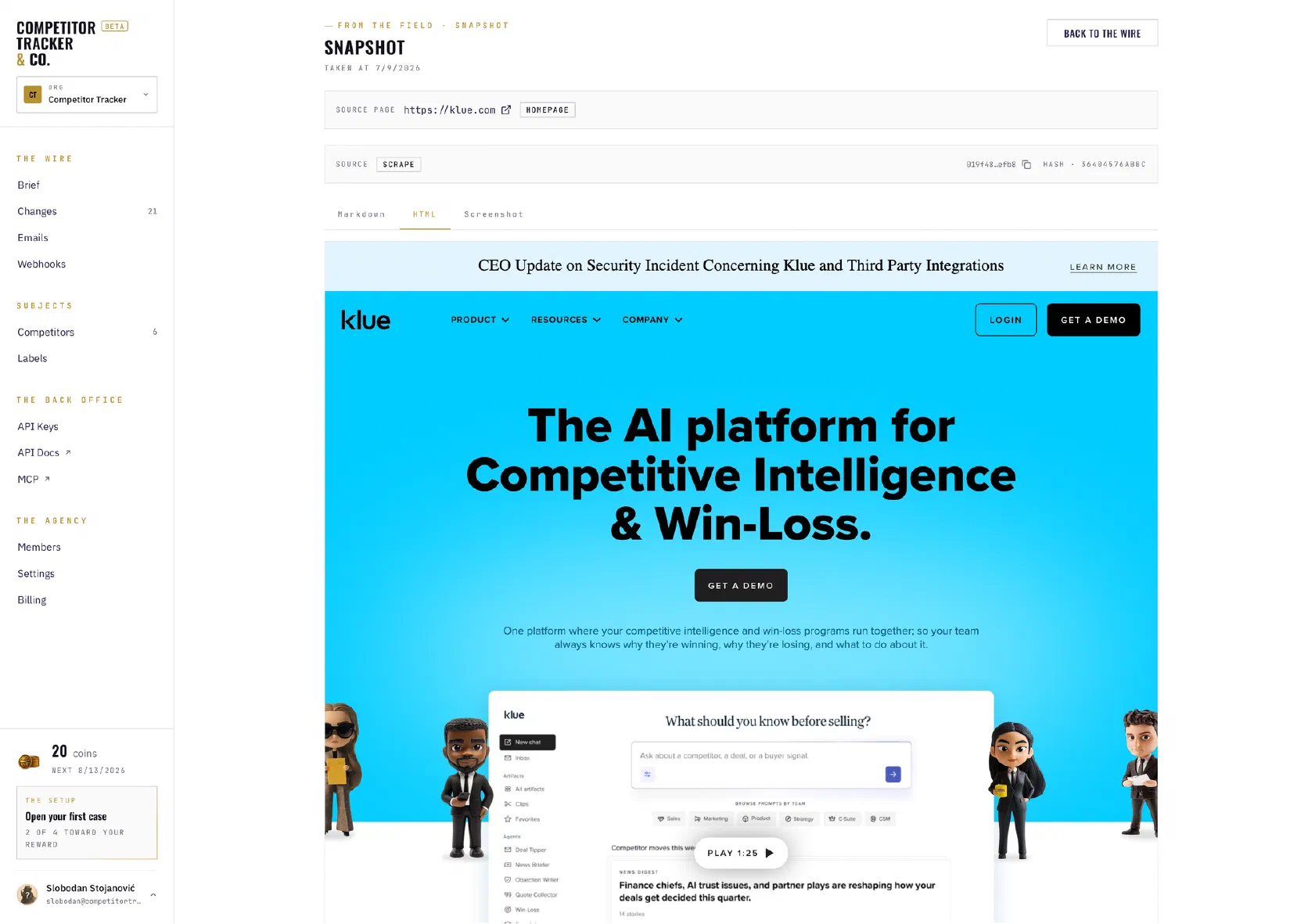 Ein gespeicherter Snapshot von klue.com in Competitor Tracker, mit den Reitern Markdown, HTML und Screenshot, seiner Quellseite und einem Inhalts-Hash.