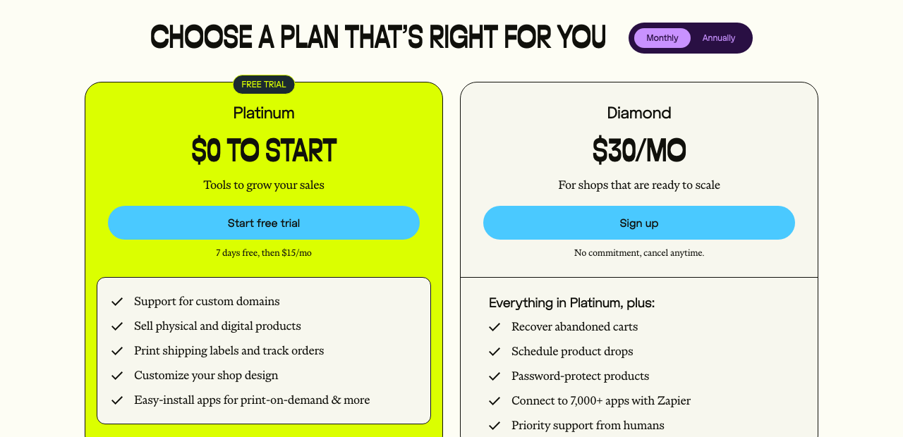 Platinum が $0 から無料トライアルで始まり、そのあと月額になることを示す Big Cartel の価格ページのスクリーンショット。