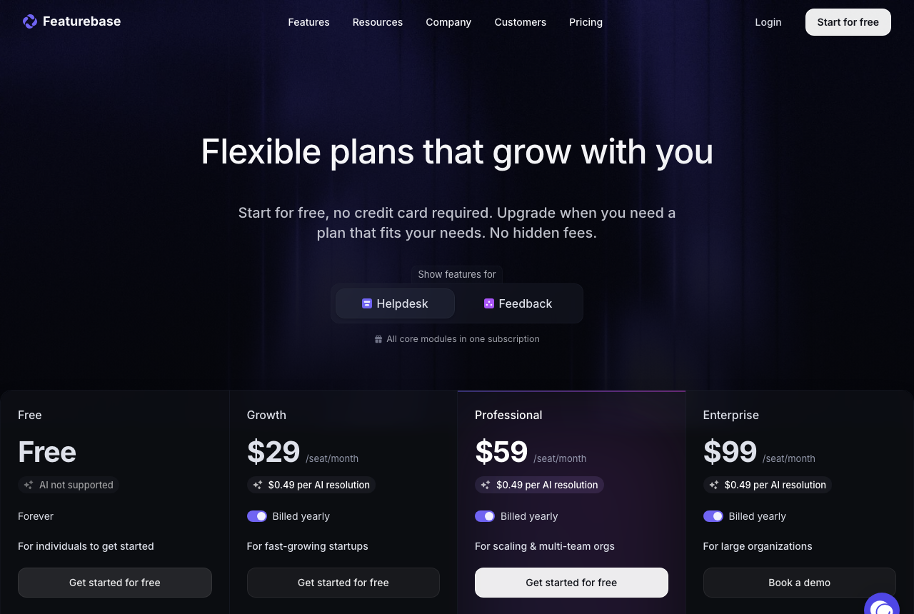 Free、Growth、Professional、Enterprise のプランカードが並ぶ Featurebase の価格ページのスクリーンショット。