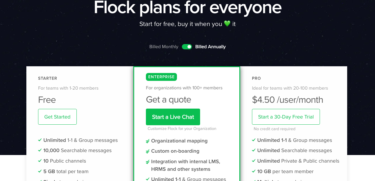 有料のチームプランの隣に無料の Starter プランが並ぶ Flock の価格ページのスクリーンショット。