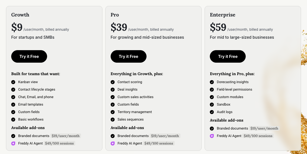 無料 CRM プランのブロックが表示されなくなったあとの、有料の Growth、Pro、Enterprise のプランカードが並ぶ Freshworks Freshsales の価格ページのスクリーンショット。