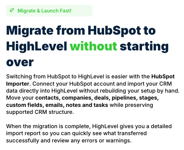 対応する CRM レコードと取り込みの成功・失敗を列挙した HighLevel の HubSpot 移行セクション。