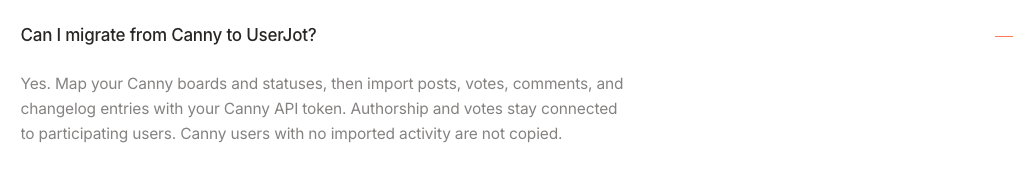 API トークンによる移行と非アクティブユーザーの除外を説明する、拡充された UserJot の Canny 移行 FAQ。