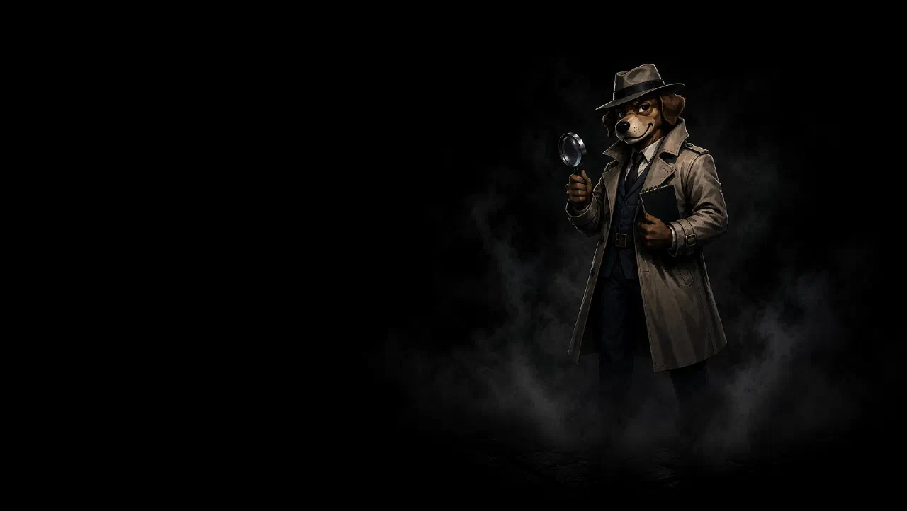 C. T. Lucky, ein Detektivhund mit Fedora und Trenchcoat, mit Lupe und Notizbuch im Nebel einer nächtlichen Kopfsteinpflastergasse.